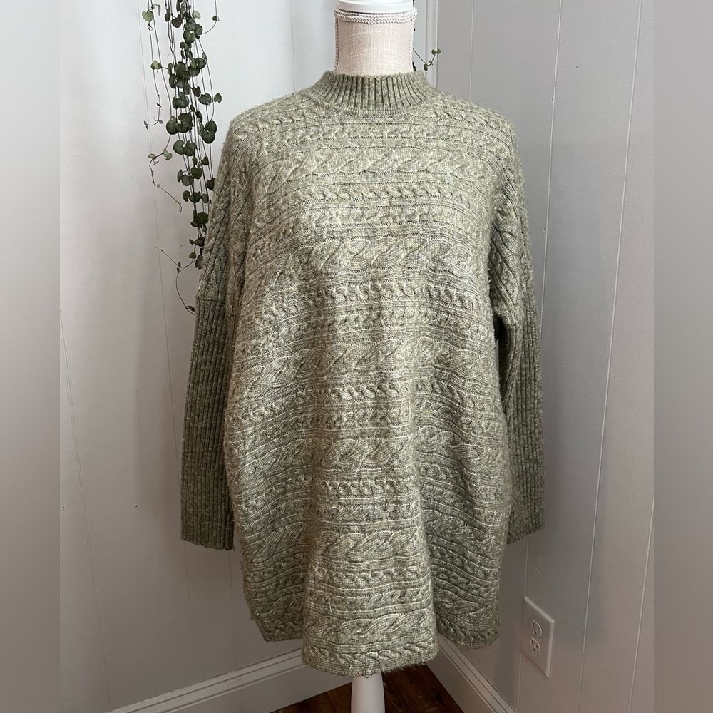Soft Surroundings Green Longline CableKnit Casual mockneck butter mom Sweater